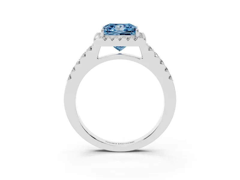 Fancy Blue Princess Cut Diamond Halo Pavé Solitaire Ring Set in Silver with Prong-Set Center Stone