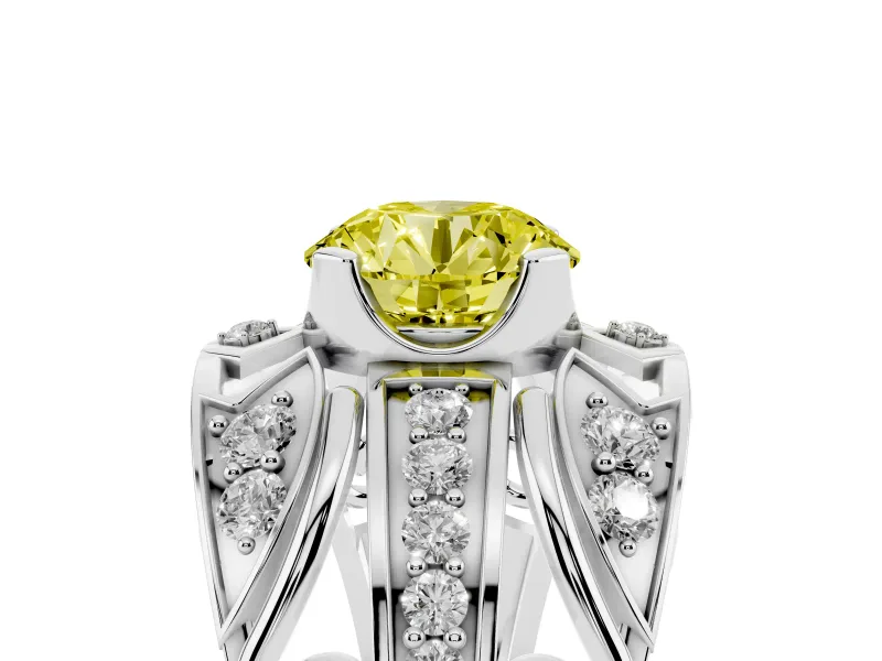 Round Art Deco Engagement Ring Setting for a Fancy Yellow Lab-Grown Diamond | Sterling Silver