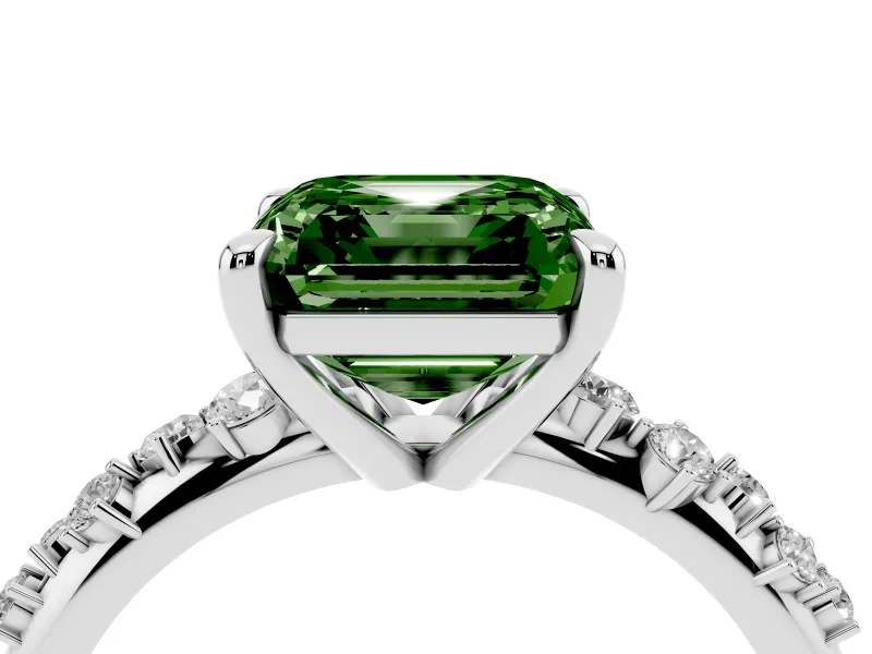 Fancy Green Asscher Cut Diamond Solitaire Vine Band Ring Set in Silver with Round Accents and Prong Setting