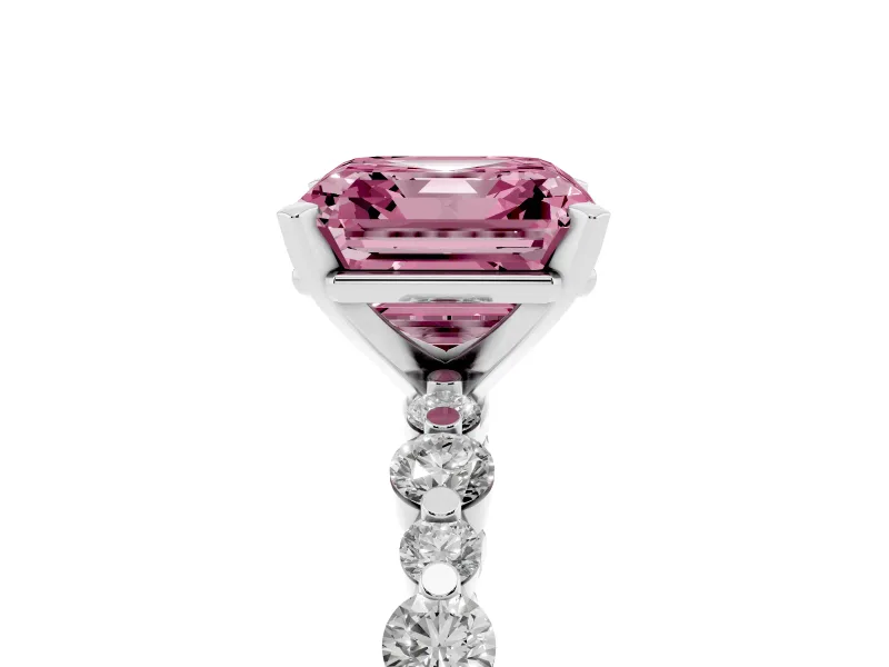 Fancy Pink Asscher Cut Diamond Prong Set Engagement Ring Set in Platinum with Round Accent Pavé Band