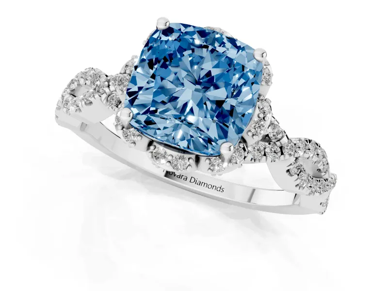 Fancy Blue Cushion Cut Diamond Halo Twist Band Solitaire Ring Set in White gold with Prong-Set Center Stone