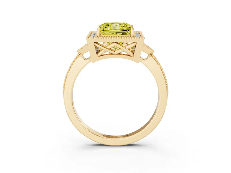 Princess Cut Milgrain Halo Engagement Ring Setting for a Fancy Yellow Lab-Grown Diamond | Graduated Pavé | Yellow Gold