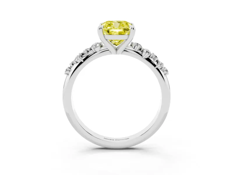 Fancy Yellow Cushion Cut Diamond Solitaire Vine Band Ring Set in Platinum with Round Accents and Prong Setting
