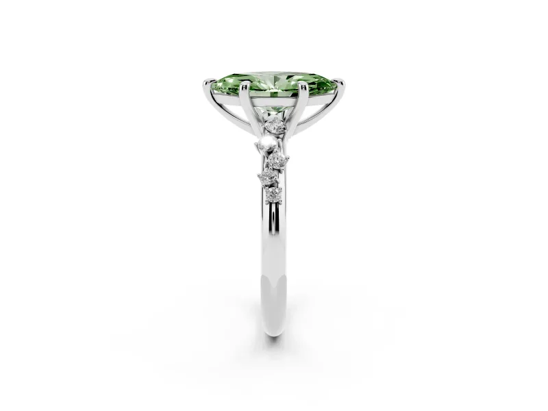 Fancy Green Marquise Cut Diamond Solitaire Vine Band Ring Set in Platinum with Round Accents and Prong Setting