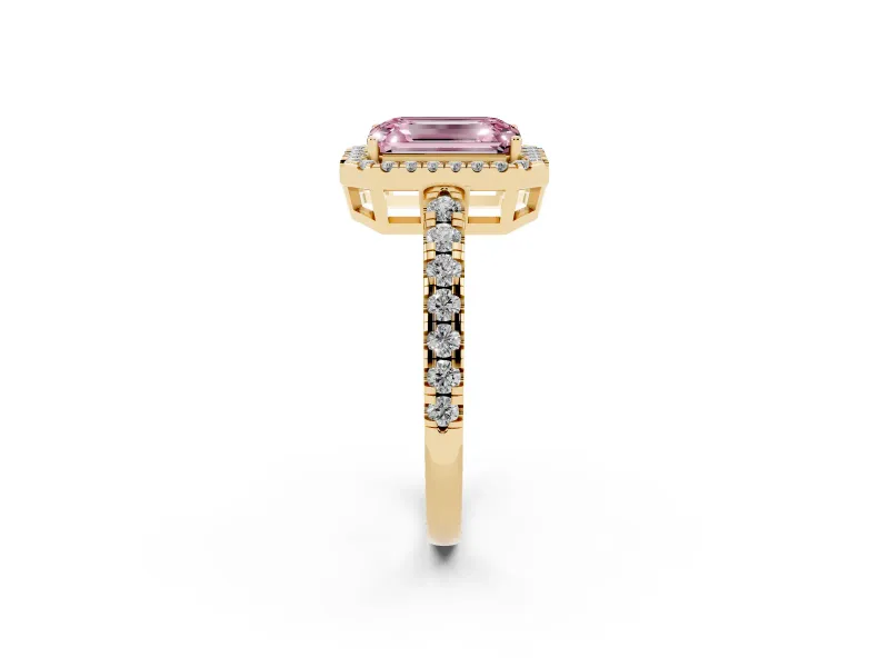 Fancy Pink Emerald Cut Diamond Halo Ring Set in Yellow gold with Delicate Pavé Band and Prong Setting