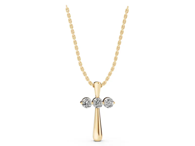 Round Lab-Grown Diamond Three-Stone Cross Pendant Necklace | Stone Crossbar | Yellow Gold