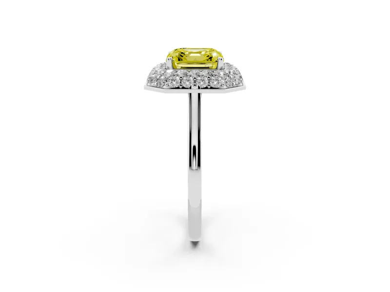 Fancy Yellow Asscher Cut Diamond Halo Engagement Ring Set in White gold with Solitaire Band and Prong Setting