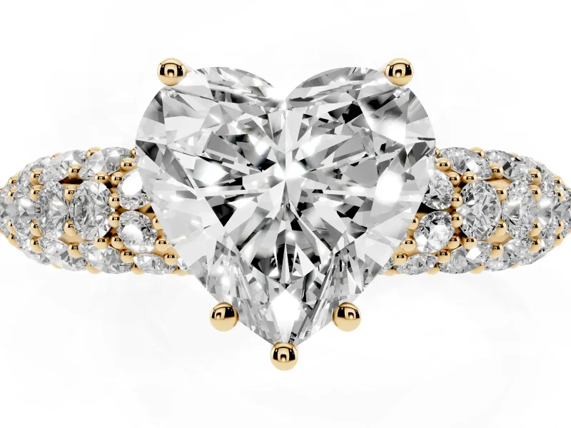 Heart-Shaped Multi Row Pave Solitaire Engagement Ring Setting | Domed Shoulders | Yellow Gold