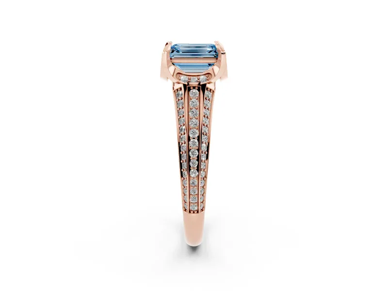 Fancy Blue Emerald Cut Diamond Pavé Split Shank Solitaire Ring Set in Rose gold with Prong Setting