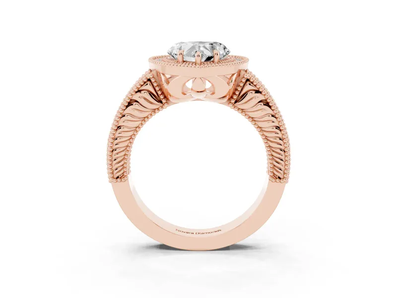 Heart-Shaped Vintage Milgrain Halo Engagement Ring Setting | Carved Leaf Detail | Rose Gold