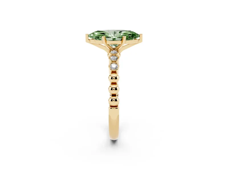 Fancy Green Marquise Cut Diamond Solitaire Engagement Ring Set in Yellow gold with Bezel Accents on Beaded Band