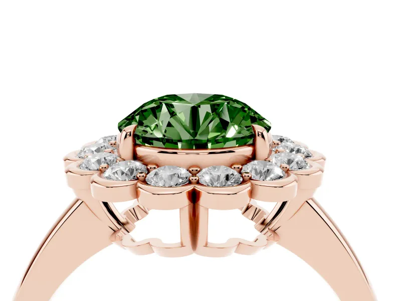 Round Scalloped Cluster Halo Engagement Ring Setting for a Fancy Green Lab-Grown Diamond | Plain Band | Rose Gold