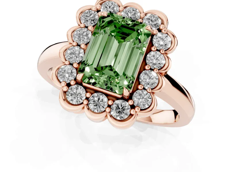 Emerald Cut Scalloped Cluster Halo Engagement Ring Setting for a Fancy Green Lab-Grown Diamond | Plain Band | Rose Gold