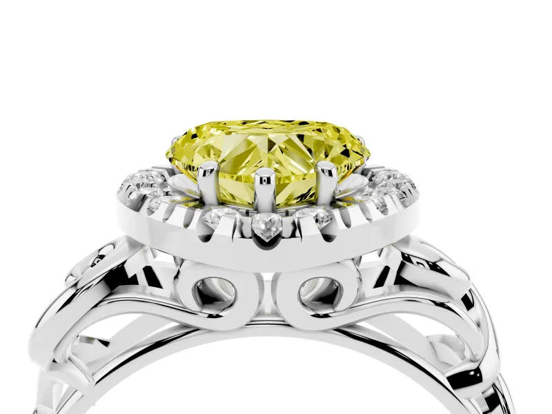 Fancy Yellow Heart Cut Diamond Halo Ring Set in Platinum with Scrollwork Band and Prong Setting