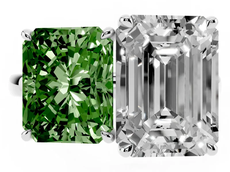 Fancy Green Radiant Cut and Emerald Cut Toi Moi Ring Set in Platinum with Prong Setting