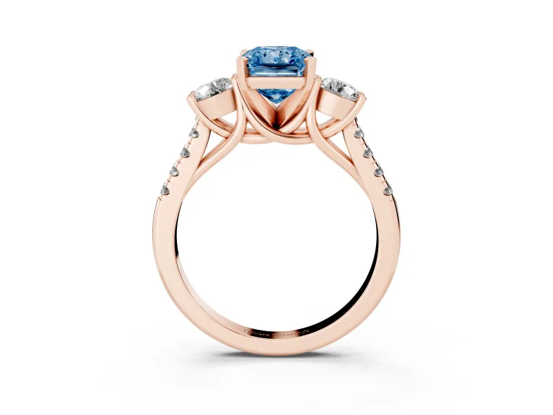 Fancy Blue Three-Stone Radiant Cut Diamond Pavé Band Ring Set in Rose gold with Prong-Set Trio