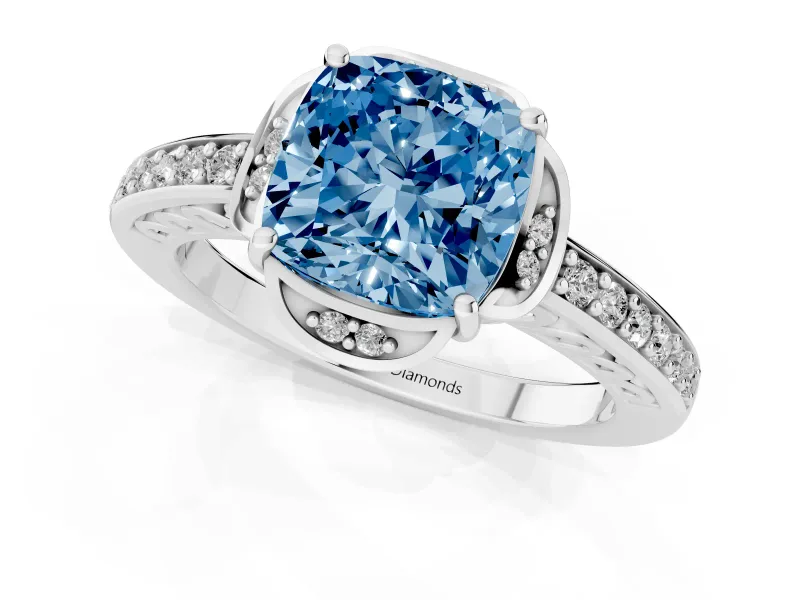 Cushion Cut Floral Pavé Engagement Ring Setting for a Fancy Blue Lab-Grown Diamond | Platinum