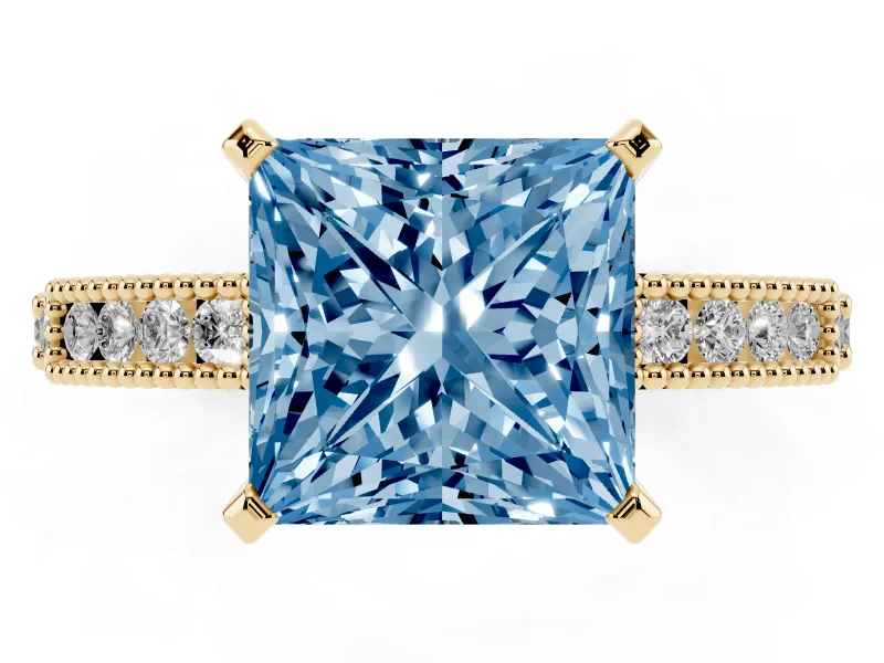 Fancy Blue Princess Cut Diamond Solitaire Ring Set in Yellow gold with Slim Pavé Band and Prong Setting