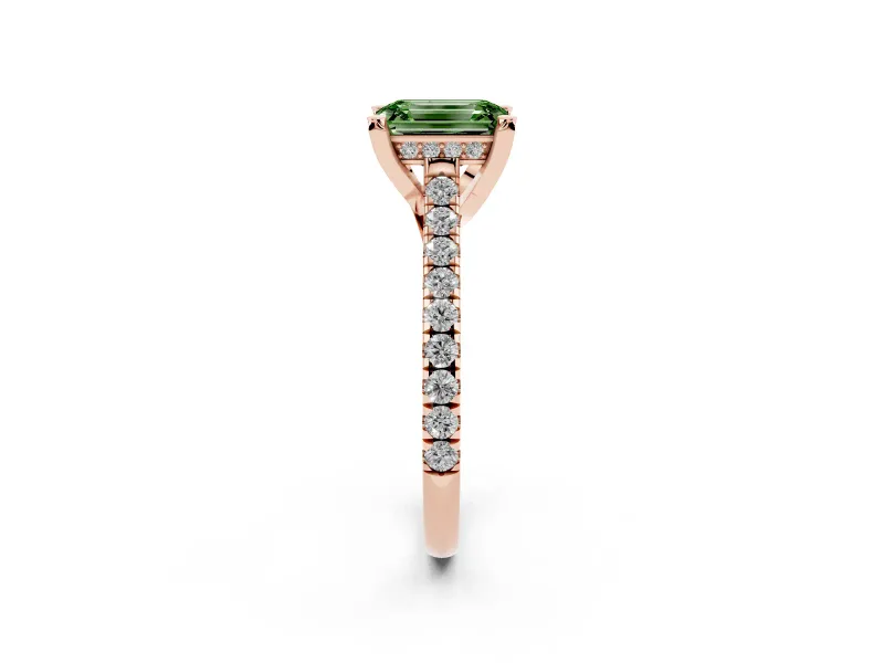 Emerald Cut Hidden Halo Pave Engagement Ring Setting for a Fancy Green Lab-Grown Diamond | Claw Prongs | Rose Gold