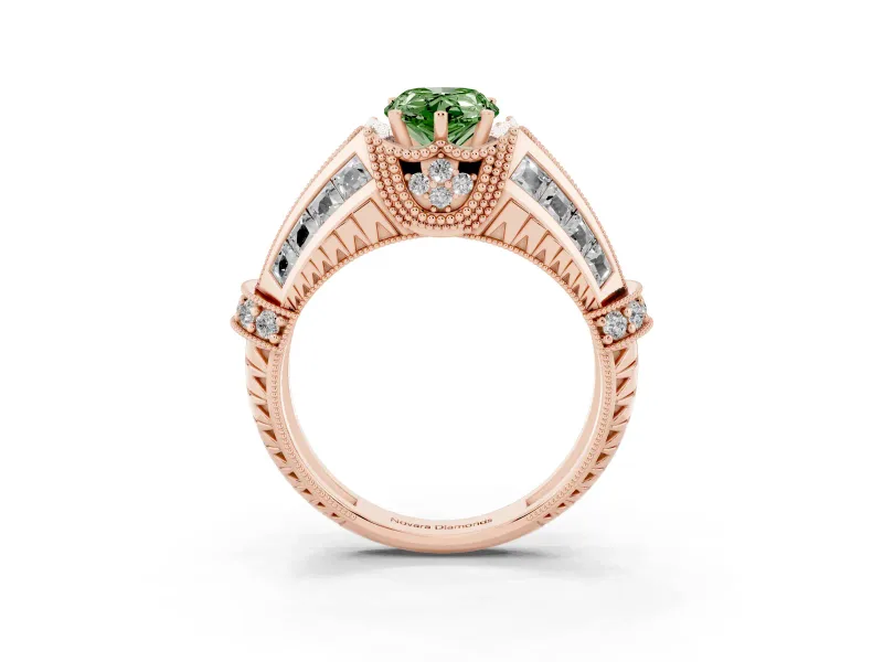 Fancy Green Pear Cut Diamond Vintage-Inspired Milgrain Ring Set in Rose gold with Accent Split Shank
