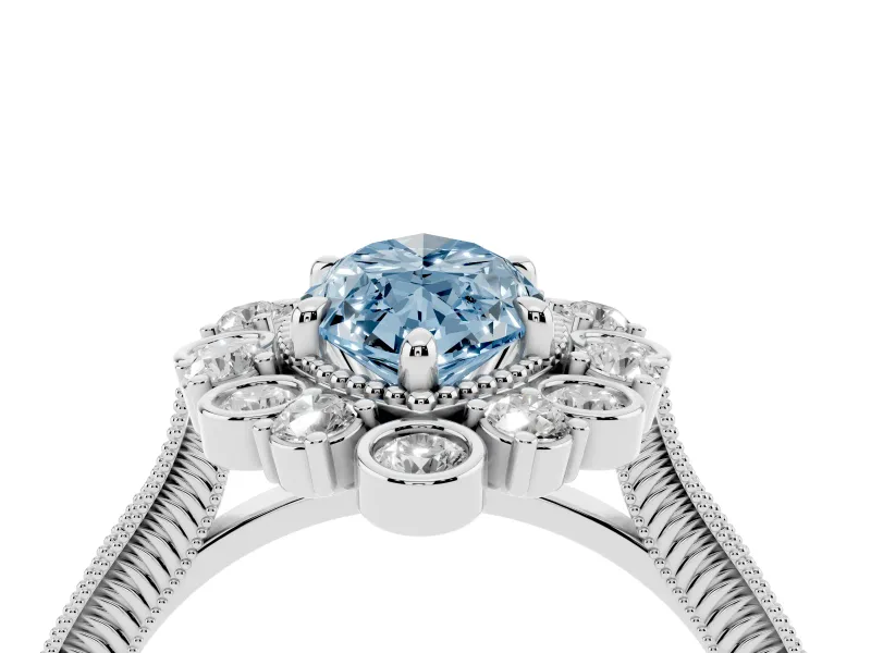 Marquise Scalloped Halo Engagement Ring Setting for a Fancy Blue Lab-Grown Diamond | Milgrain Edges | Sterling Silver