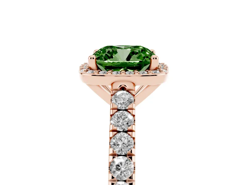 Fancy Green Cushion Cut Diamond Halo Engagement Ring Set in Rose gold with Pavé Band and Prong Setting