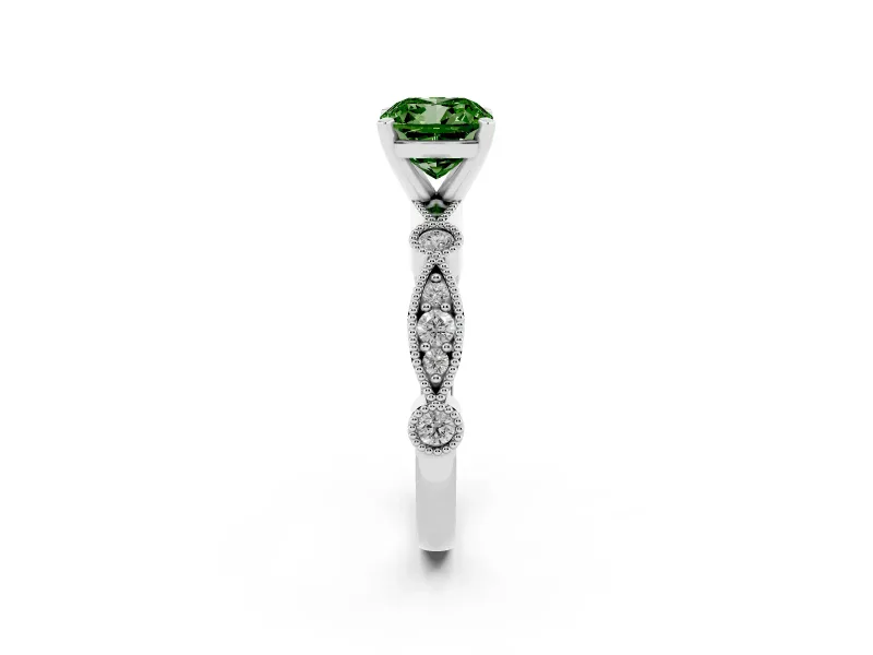 Fancy Green Cushion Cut Diamond Solitaire Engagement Ring Set in White gold with Milgrain Bezel Accent Band