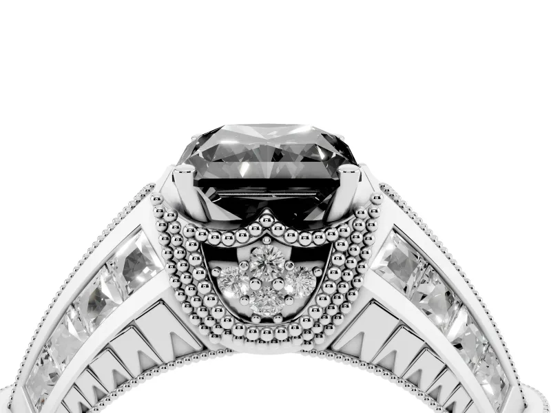 Fancy Black Radiant Cut Diamond Vintage-Inspired Milgrain Ring Set in Silver with Accent Split Shank