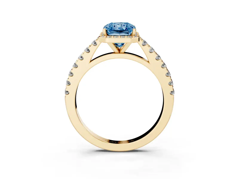 Radiant Cut Halo Pavé Engagement Ring Setting for a Fancy Blue Lab-Grown Diamond | Yellow Gold