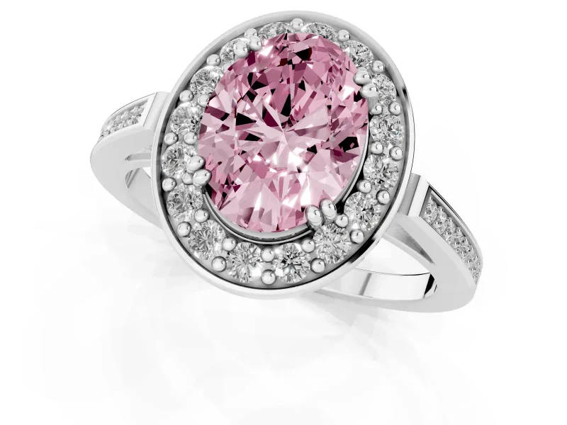 Fancy Pink Oval Cut Diamond Halo Ring Set in Platinum with Accent-Lined Split Shank and Prong Setting
