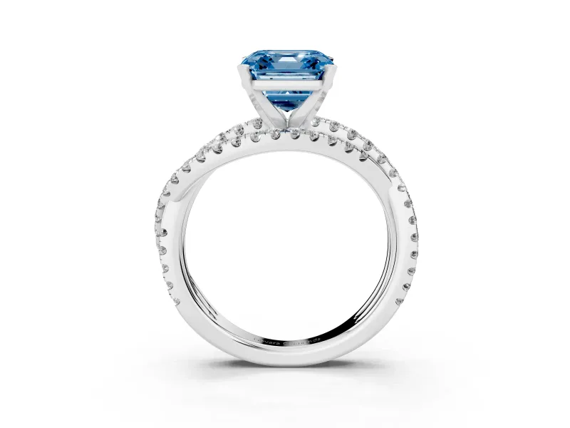 Fancy Blue Asscher Cut Diamond Solitaire Twist Band Ring Set in Platinum with Pavé Setting and Prong Head