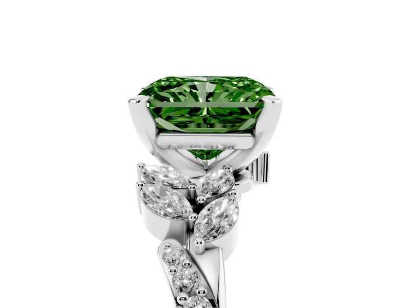 Fancy Green Radiant Cut Diamond Solitaire Ring Set in White gold with Marquise Twist Band and Prong Setting