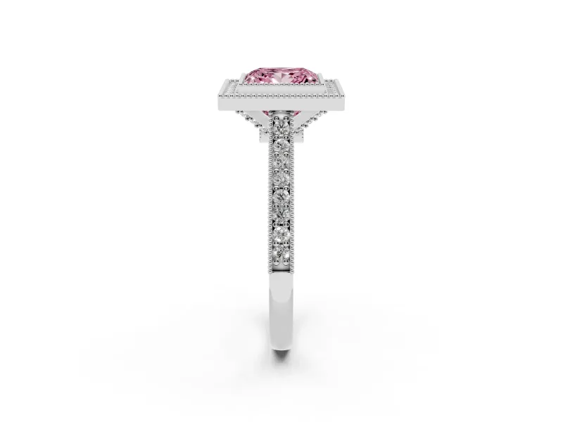 Princess Cut Vintage Milgrain Halo Engagement Ring Setting for a Fancy Pink Lab-Grown Diamond | Bezel Head | Platinum