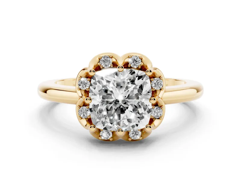 Cushion Cut Diamond Round Cluster Halo Ring Set in Yellow gold with Solitaire Band and Prong Setting