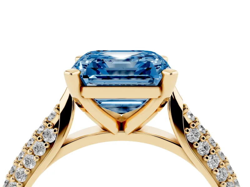 Asscher Cut Pavé Engagement Ring Setting for a Fancy Blue Lab-Grown Diamond | Multi-Row Shoulders | Yellow Gold