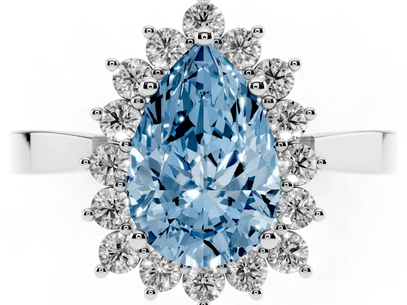 Fancy Blue Pear Cut Diamond Halo Ring Set in White gold with Round Halo and Smooth Solitaire Band