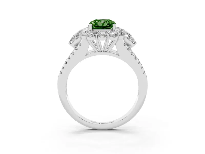 Radiant Cut Scalloped Halo Engagement Ring Setting for a Fancy Green Lab-Grown Diamond | Pear Side Stones | Platinum