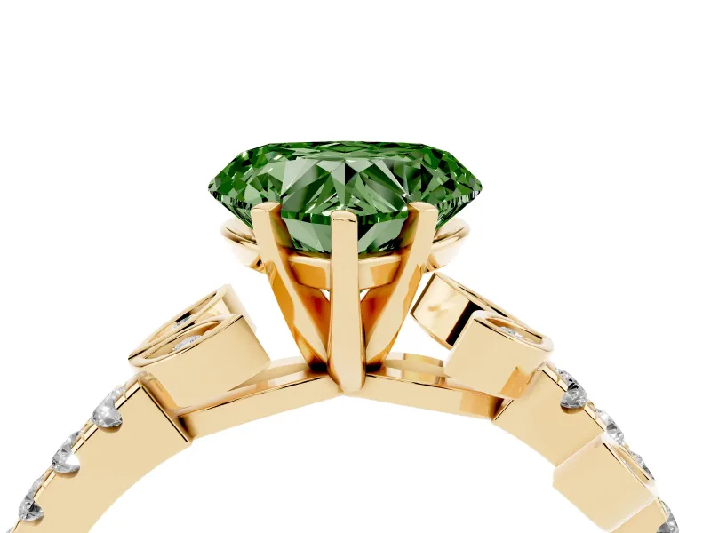 Fancy Green Heart Cut Diamond Solitaire Leaf-Inspired Ring Set in Yellow gold with Pavé Band and Prong Setting