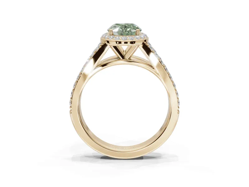 Oval Halo Pavé Engagement Ring Setting for a Fancy Green Lab-Grown Diamond | Narrow Split Shank | Yellow Gold