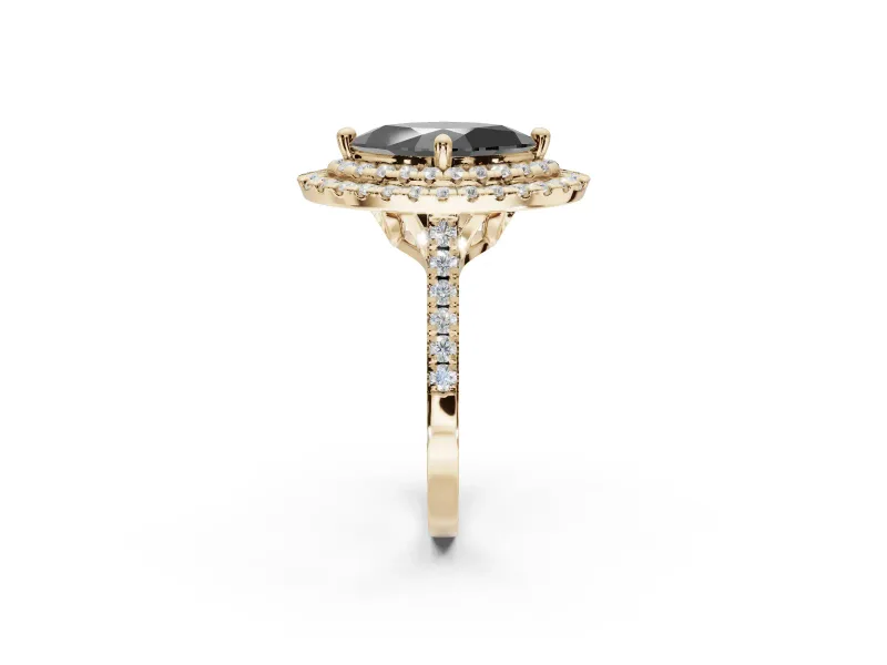 Fancy Black Marquise Lab-Grown Diamond Double Halo Statement Ring Set in Yellow Gold with Pavé Band