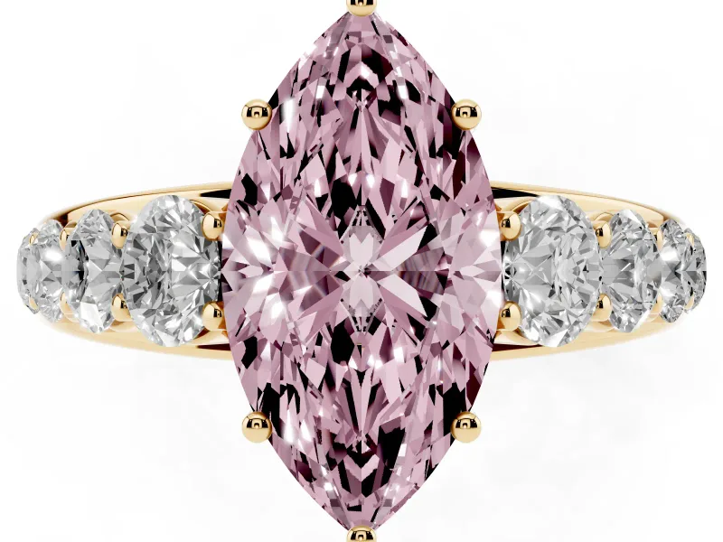 Marquise Graduated Side Stone Engagement Ring Setting for a Fancy Pink Lab-Grown Diamond | Flat Top Band | Yellow Gold