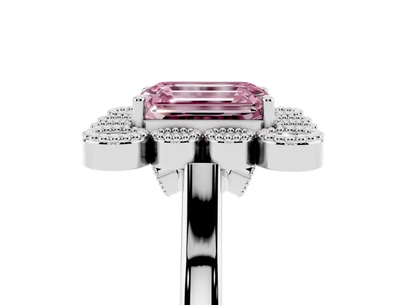 Emerald Cut Milgrain Cluster Halo Engagement Ring Setting for a Fancy Pink Lab-Grown Diamond | Plain Band | Platinum