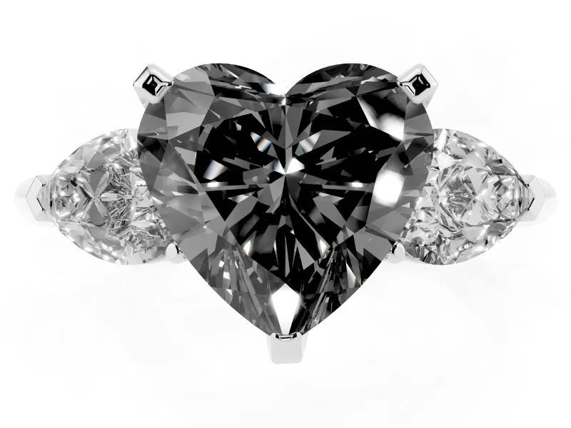 Fancy Black Three-Stone Heart Cut Diamond Ring Set in Platinum with Pear Side Stones and Prong Setting