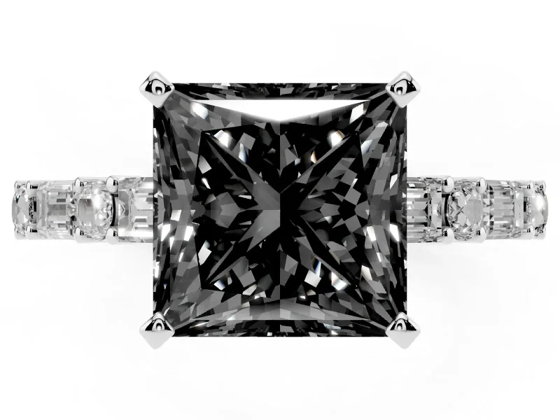 Princess Cut Baguette Side Stone Engagement Ring Setting for a Black Center | Platinum