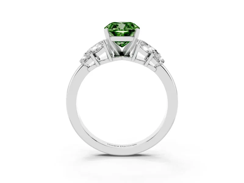 Fancy Green Cushion Cut Diamond Cluster Leaf Design Ring Set in Platinum with Prong Setting