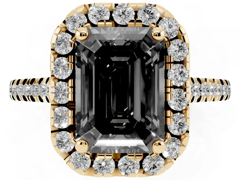 Emerald Cut Halo Engagement Ring Setting for a Black Center | Tapered Band | Yellow Gold