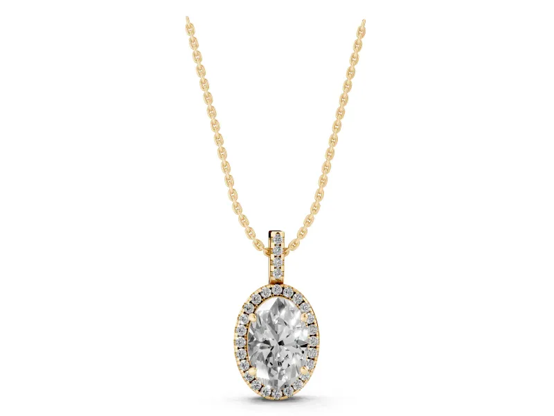 Oval Lab-Grown Diamond Halo Pendant Necklace | Yellow Gold