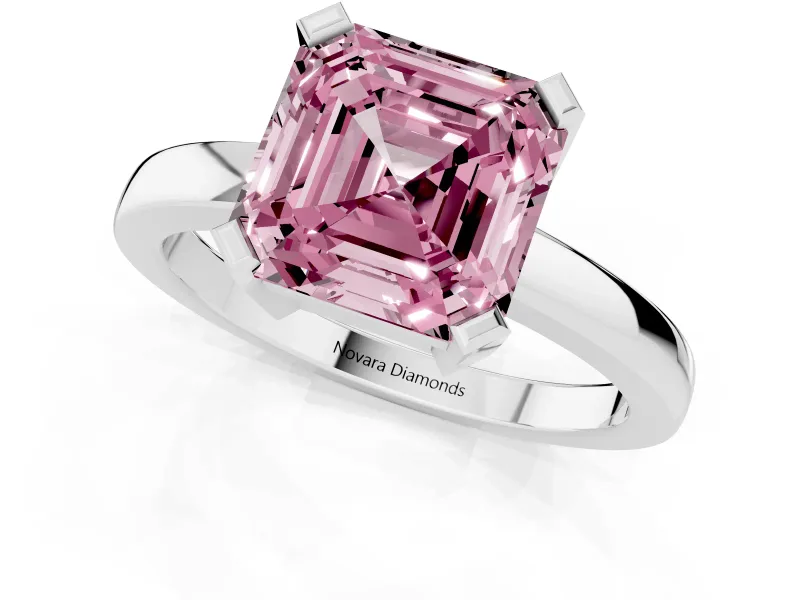 Fancy Pink Asscher Cut Diamond Solitaire Ring Set in Silver with Prong Head and Smooth Polished Band