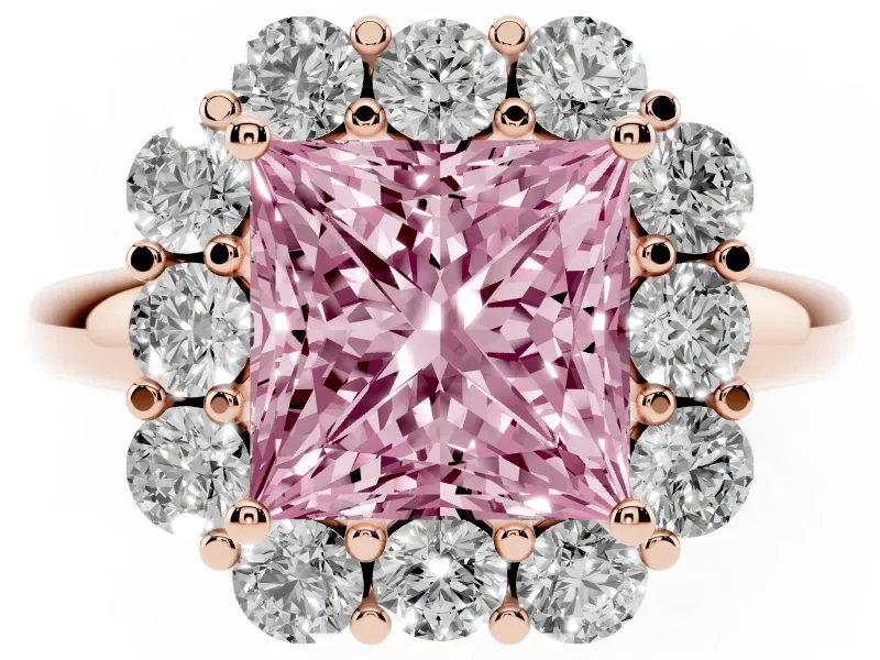 Princess Cut Graduated Milgrain Halo Engagement Ring Setting for a Fancy Pink Lab-Grown Diamond | Rose Gold