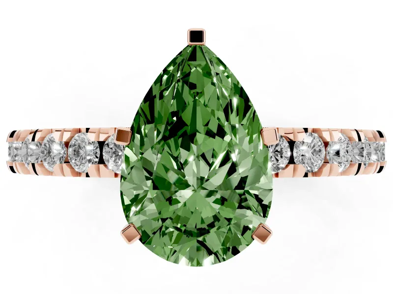 Fancy Green Pear Cut Diamond Pavé Band Solitaire Set in Rose gold with Prong Setting